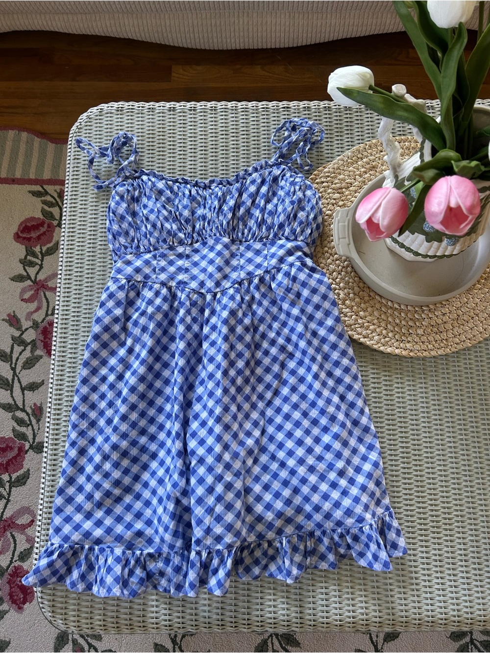 aerie Blue Gingham Tie-Shoulder Sundress